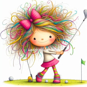 10 jouant au golf fille décalée Clipart cheveux arc-en-ciel JPG, jolie fille golf sports Clip Art, fille décalée sportive, clipart numérique téléchargement immédiat
