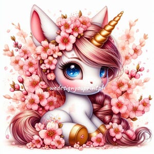 10 Kirschblüten Floral Einhorn Clipart JPG, Sakura Floral Einhorn, süßes Kawaii Einhorn Digital Instant Download Clip Art, rosa Einhorn