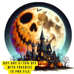 10 Haunted Moon Halloween PNG Clipart, Spooky Skull Moon Clip Art, Creepy Gothic Moon Witch Halloween Sublimation Design, Halloween Invites