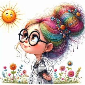 10 Cute Rainbow Hair Girl Clipart with Glasses JPG, Cartoon Sunshine Girl, Whimsical Kids Printable, Digital Instant Download Printable Art