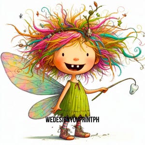 May include: A cartoon fairy with wild, multi-coloured hair featuring pink, yellow, and teal strands, wearing a green dress and brown boots. The fairy has iridescent wings and holds a wand with a tooth at the end. Text reads WEDESIGNYOUPRINTPH.