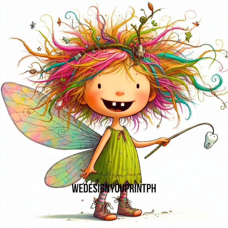 May include: A cartoon fairy with wild, multi-coloured hair featuring pink, yellow, and teal strands, wearing a green dress and brown boots. The fairy has iridescent wings and holds a wand with a tooth at the end. Text reads WEDESIGNYOUPRINTPH.