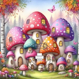 10 cliparts JPH de maison lunatique de champignon, cottage de fée, art de village de champignon vénéneux fantastique, maisons mignonnes de gnomes de forêt, forêt magique imprimable