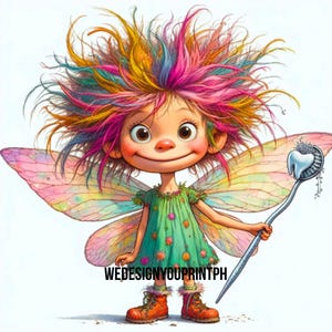 May include: A cartoon fairy illustration with wild, multi-coloured hair, large eyes, and freckles. The fairy wears a green dress with floral accents and orange boots, featuring iridescent wings and holding a silver wand with a tooth. Text: WEDESIGNYOUPRINTPH.