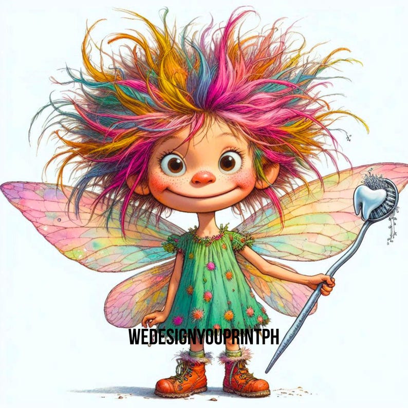 May include: A cartoon fairy illustration with wild, multi-coloured hair, large eyes, and freckles. The fairy wears a green dress with floral accents and orange boots, featuring iridescent wings and holding a silver wand with a tooth. Text: WEDESIGNYOUPRINTPH.
