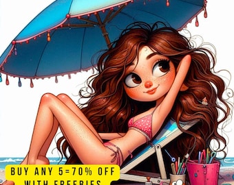 Beach Quirky Girl Clipart PNG,  Cartoon Summer Woman Clip Art, Tropical Summer Beach Illustration For Journals Scrapbooks Kids Clipart