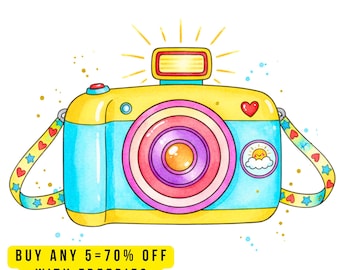 10 Colorful Cute Camera Clipart PNG, Cute Digital Watercolor Camera Clip Art for Kids Crafts, Scrapbooking, Stickers, Digital Art, Printable