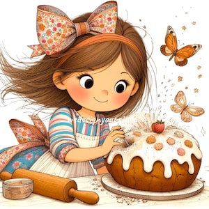 10 Cute Girl Baker Baking Clipart, Cute Chef Girl, Colorful Kitchen Illustration, Baking Digital Instant Download, Kids Cooking Clip Art,