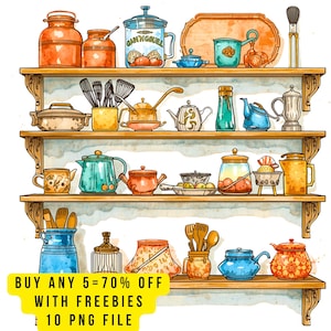 Puede incluir: Ilustración en acuarela de estantes de cocina llenos de varias teteras, tarros y utensilios. Los estantes son de madera y los artículos son en tonos naranja, azul y verde. La imagen incluye el texto "BUY ANY 5 = 70% OFF WITH FREEBIES 10 PNG FILE".