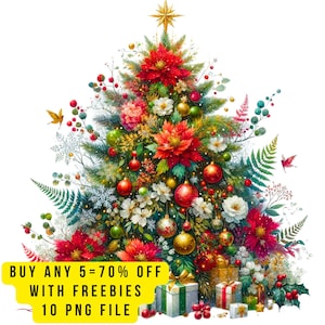 10  Sparkling Christmas Tree Clipart PNG, Christmas Tree with Ornaments Clipart, Christmas Celebration Clipart Bundle Set, Xmas Holidays