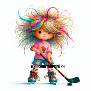 10 jouant au hockey sur glace fille décalée clipart cheveux arc-en-ciel JPG, jolie fille hockey sur glace sport clipart, fille sportive décalée, art sportif de patinage sur glace