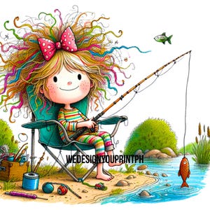 10 mignon fille décalée pêche Clipart PNG fond Transparent, cheveux arc-en-ciel fille pêche aventure Clip Art, graphique de pêche pour enfants lunatique
