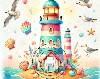 10 verspielte Leuchtturm-Cliparts (JPG) | Digitale Kunst im Küstenstil | Fantasievolle Illustrationen am Meer | Nautischer Aquarelldruck | Ozean-Thema