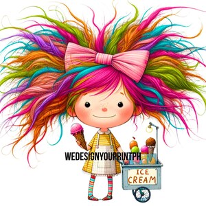 10 Rainbow Hair Ice Cream Quirky Girl Clipart PNG Transparent Background, Whimsical Kids Clip Art, Cute Cartoon Girl with Ice Cream Art