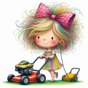 10 Quirky Girl Lawn Mower Clipart JPG,  Rainbow Hair Cartoon Clip Art, Household Chores Funny Girl Illustration for Sublimation, Stickers