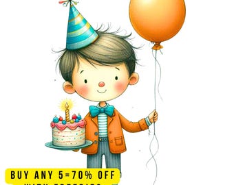 10 Cute Birthday Boy Clipart PNG,  Watercolor Party Hat Balloon Cake Clip Art, Kids Party Celebration Decor DIY Invitation Digital  Download
