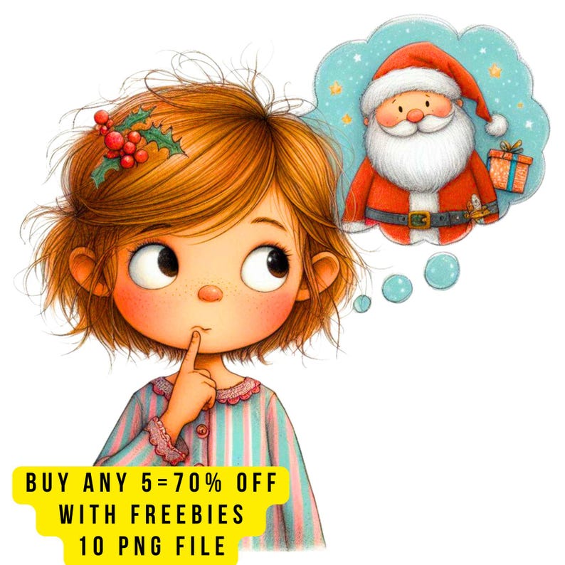 10 Christmas Clipart PNG, Cute Girl Thinking About Santa Clip Art ...