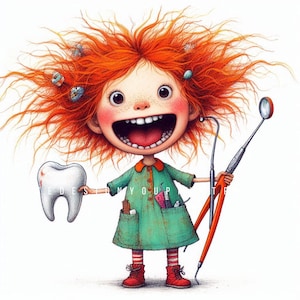 10 cliparts engraçados e peculiares de dentista em JPG, clipart de dentista ruiva, arte de fada do dente excêntrica, arte de parede para consultório de dentista, arte de desenho animado odontológico