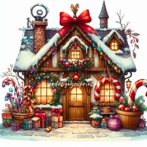 10 imágenes prediseñadas de casas de jengibre navideñas en formato JPG, bonita cabaña navideña, tienda navideña de bastones de caramelo, diseño artístico de sublimación digital instantánea