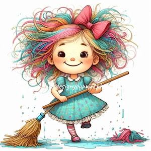 10 Clipart di una ragazza dai capelli arcobaleno che lava il pavimento in formato JPG, una ragazza dei cartoni animati carina che spazza, un&#39;illustrazione di una donna delle pulizie eccentrica.