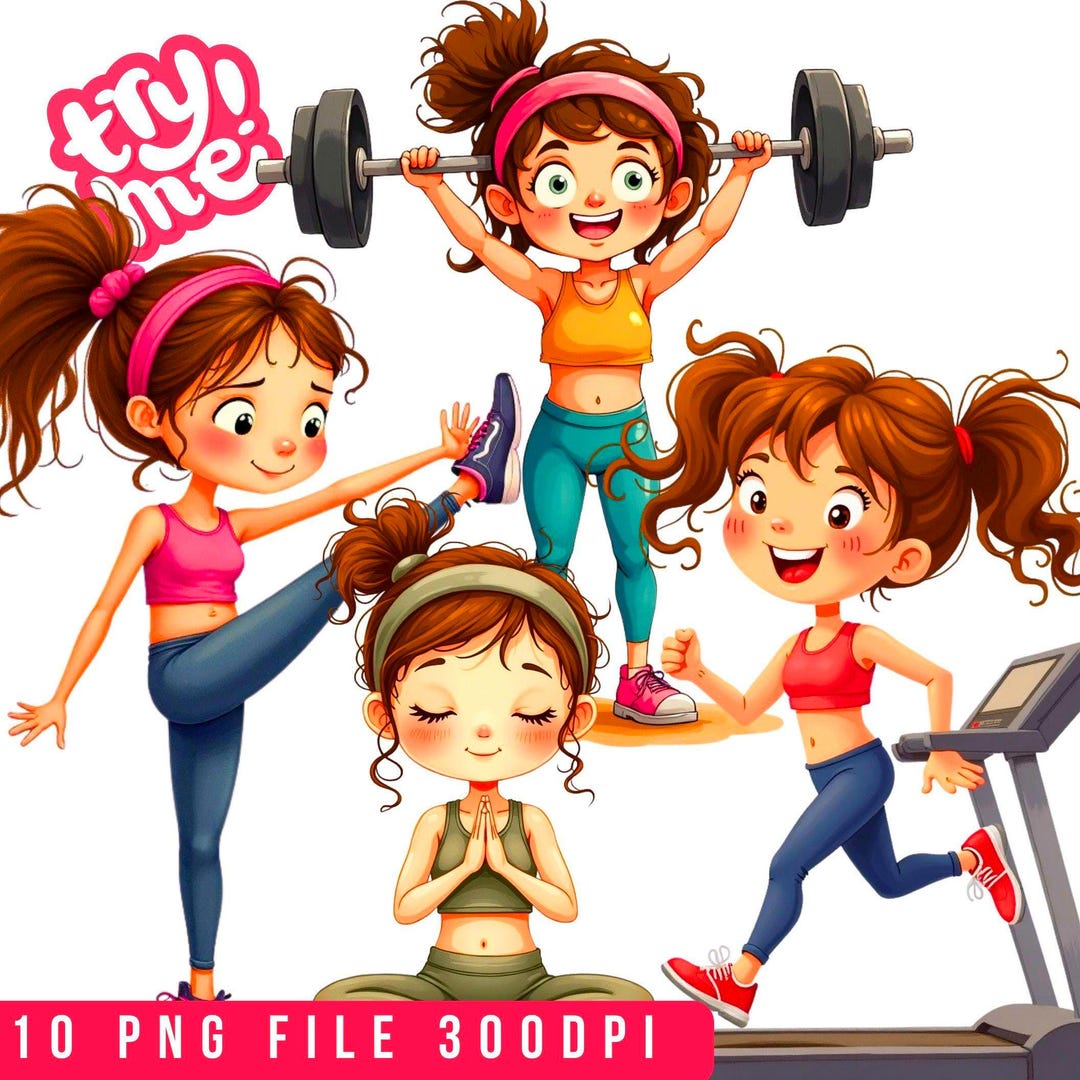 10 Cute Girl Fitness Clipart Bundle, Gym Workout Cartoon Girls PNG ...