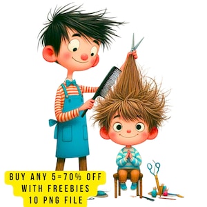 10 Colorful Quirky Kids Hair Stylist Salon Clipart PNG, Cute Girl Hairdresser Clip Art, Whimsical Cartoon Haircut Hair Salon, Child Barber