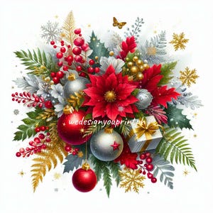 10 elegantes clipart florais de Natal em vermelho e prata JPG e PNG, buquê de Natal, enfeites de inverno por sublimação, decoração de presente de Natal PNG clipart