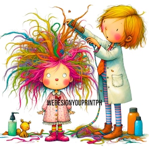 10 imágenes prediseñadas de peluquería infantil coloridas y peculiares (JPG), imágenes prediseñadas de una linda peluquera, dibujos animados de cortes de pelo extravagantes, peluquería, barbería