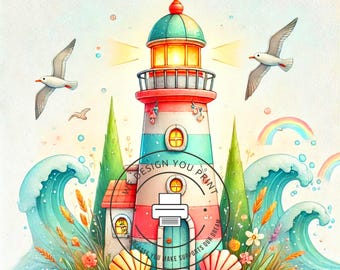 10 Whimsical Lighthouse Clipart JPG | Coastal Cottage Digital Art | Seaside Fantasy Illustration | Nautical Watercolor Print | Ocean Theme
