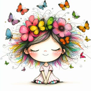 10 cliparts lunatiques fille insolites avec fleurs et papillons JPG, jolie fille florale tête illustration clipart, art esthétique bohème coquette