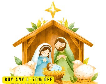 Nativity Clipart Set PNG, Holy Family Christmas Scene, Cute Manger Illustration, Baby Jesus Digital Download, Christian Holiday Clip Art