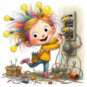 Puede incluir: Una niña con el pelo arcoíris está trabajando en un panel eléctrico. Lleva una pinza y un cinturón de herramientas. Hay bombillas y cables a su alrededor.