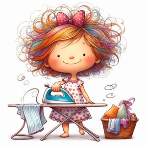 10 Quirky Rainbow Hair Girl Ironing Laundry Clip Art JPG, Cute Cartoon Whimsical Girl Ironing Laundry Clipart, House Chores Clipart, Instant