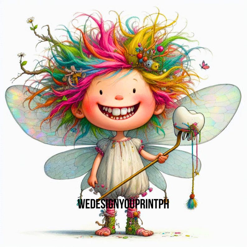 May include: A cartoon illustration of a tooth fairy with vibrant, multi-coloured hair, large iridescent wings, and a white dress. The character holds a staff topped with a white tooth and has the text WEDESIGNYOUPRINTPH printed at the bottom.