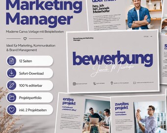 Plantilla de Canva para portafolio de solicitud de gerente de marketing | 12 páginas con textos de ejemplo | Solicitud de marketing | Portafolio de proyectos