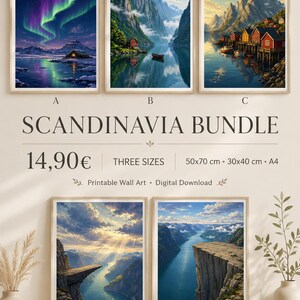 Scandinavia Poster Bundle | Retro Pixel Art | Norwegian Fjords Lofoten Trolltunga Preikestolen Iceland Aurora | Instant Download