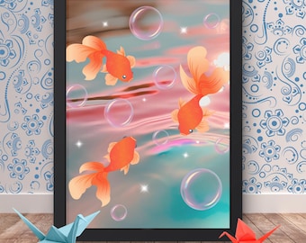 Lámina decorativa japonesa con peces koi para pared, decoración zen acuática, póster minimalista japonés para el hogar.