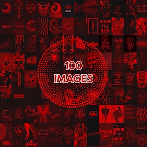 100PCS Dark Red Neon Collage Kit, Aesthetic Red Wall Posters, Grunge Picture Collage, Edgy Room Decor, Digital Dorm Wall Art Bundle