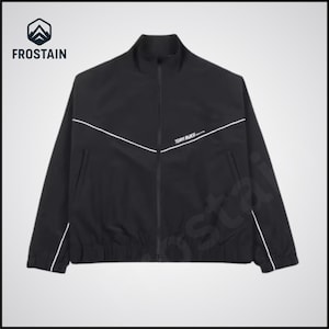 May include: Black zip-up jacket with white accent lines and the text "TEAM BLACK" on the chest. The jacket has a stand-up collar and two front pockets. The brand logo "FROSTAIN" is in the upper left corner.