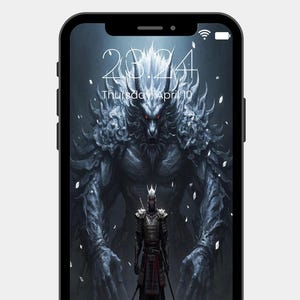 May include: A phone screen displaying a digital clock with the time 23:24 and the date Thursday April 10. The background image shows a dark, shadowy figure with glowing red eyes standing over a samurai warrior in a dark forest.
