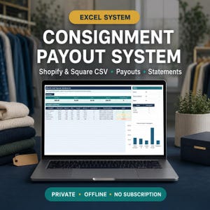 May include: A laptop displaying an Excel system for consignment payouts, featuring a dashboard with summary tables, payout data, and bar charts. The screen shows text including EXCEL SYSTEM, CONSIGNMENT PAYOUT SYSTEM, Shopify & Square CSV, Payouts, Statements, and PRIVATE, OFFLINE, NO SUBSCRIPTION.