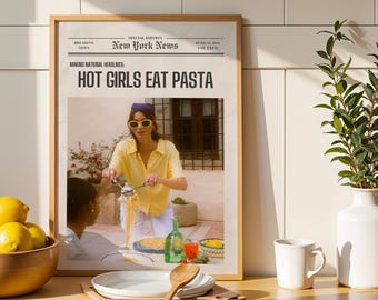 ホットな女の子たちがパスタを食べるプリント、イタリアンキッチンアート（デジタルダウンロード）