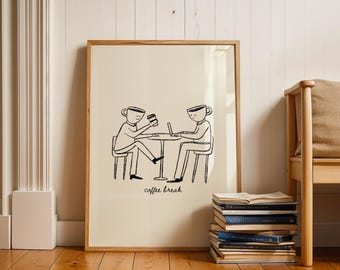 Op de afbeelding: Zwart-witte illustratie van twee mensen die aan een tafel zitten met koffiekopjes als hoofden. Ze gebruiken allebei laptops en de tekst "coffee break" staat onder de tafel.