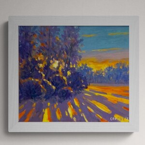 Pintura a óleo original sobre painel de luz da manhã de inverno - Paisagem do nascer do sol com neve - Obra de arte impressionista - Emoldurada e pronta para pendurar