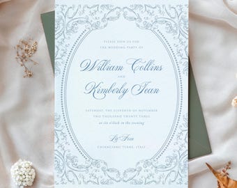 Op de afbeelding: Lichtblauwe trouwkaart met een ovale lijst en bloemmotief. De tekst luidt: "Gelieve ons te vergezellen voor het huwelijksfeest van William Collins en Kimberly Jean" met datum en locatie.