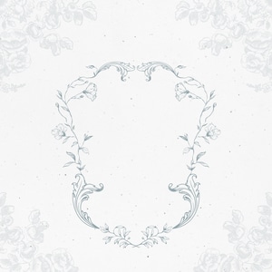 Puede incluir: Un marco floral de estilo vintage con fondo blanco. El marco está hecho de líneas delicadas y en espiral y presenta pequeñas flores y hojas. Es perfecto para agregar un toque de elegancia a cualquier diseño.