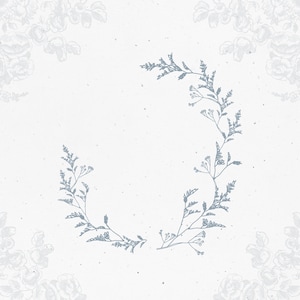 May include: A light gray background features a delicate, hand-drawn illustration of a curved floral branch in a muted blue tone. The branch is adorned with small, sparse leaves and tiny blossoms, creating an open, circular wreath-like frame.