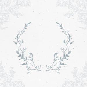 May include: A delicate wreath of light blue floral sprigs on a white background with a subtle texture.