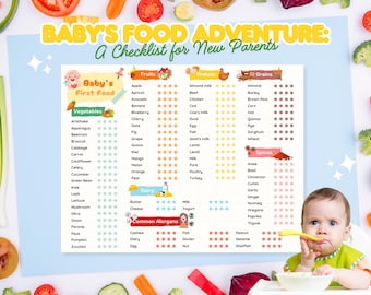 Puede incluir: Una lista de verificación colorida para padres primerizos, titulada "Baby's Food Adventure", con un bebé de dibujos animados en la parte superior. La lista de verificación incluye una variedad de alimentos clasificados como frutas, verduras, proteínas, cereales, productos lácteos, especias y alérgenos comunes. Cada alimento se enumera con una serie de puntos para indicar cuándo un bebé puede comenzar a comerlo.