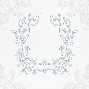 May include: A decorative frame with a floral design. The frame is made of a light blue color and has a vintage style.